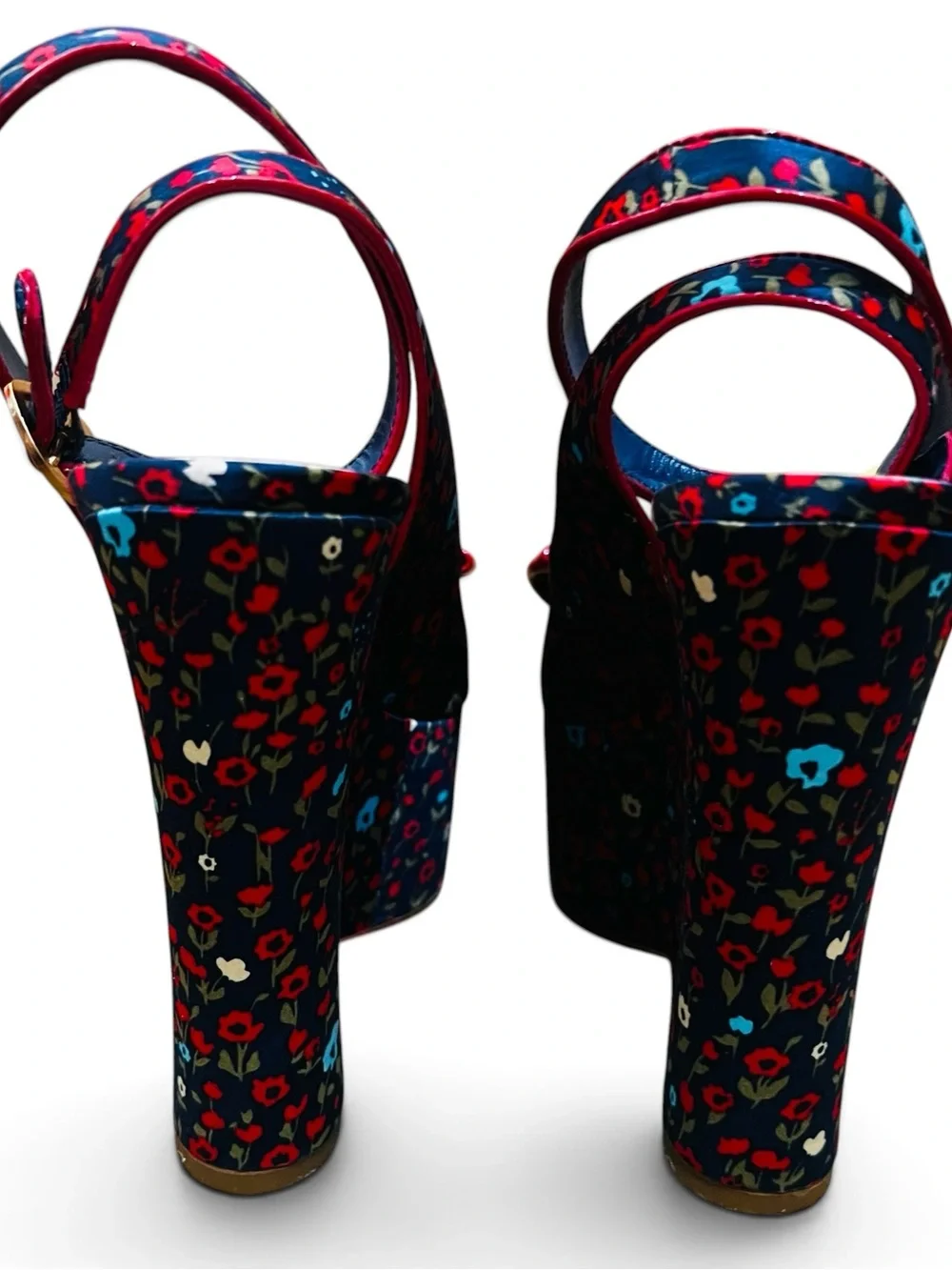 Betsey Johnson Navy Floral Platform Slingbacks with Red Bow